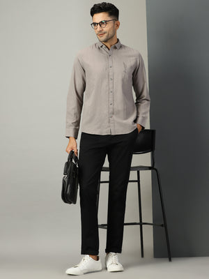 Thomas Scott Men Grey Regular Fit Long Sleeves Spread Collar Solid Cotton Linen Casual Shirt