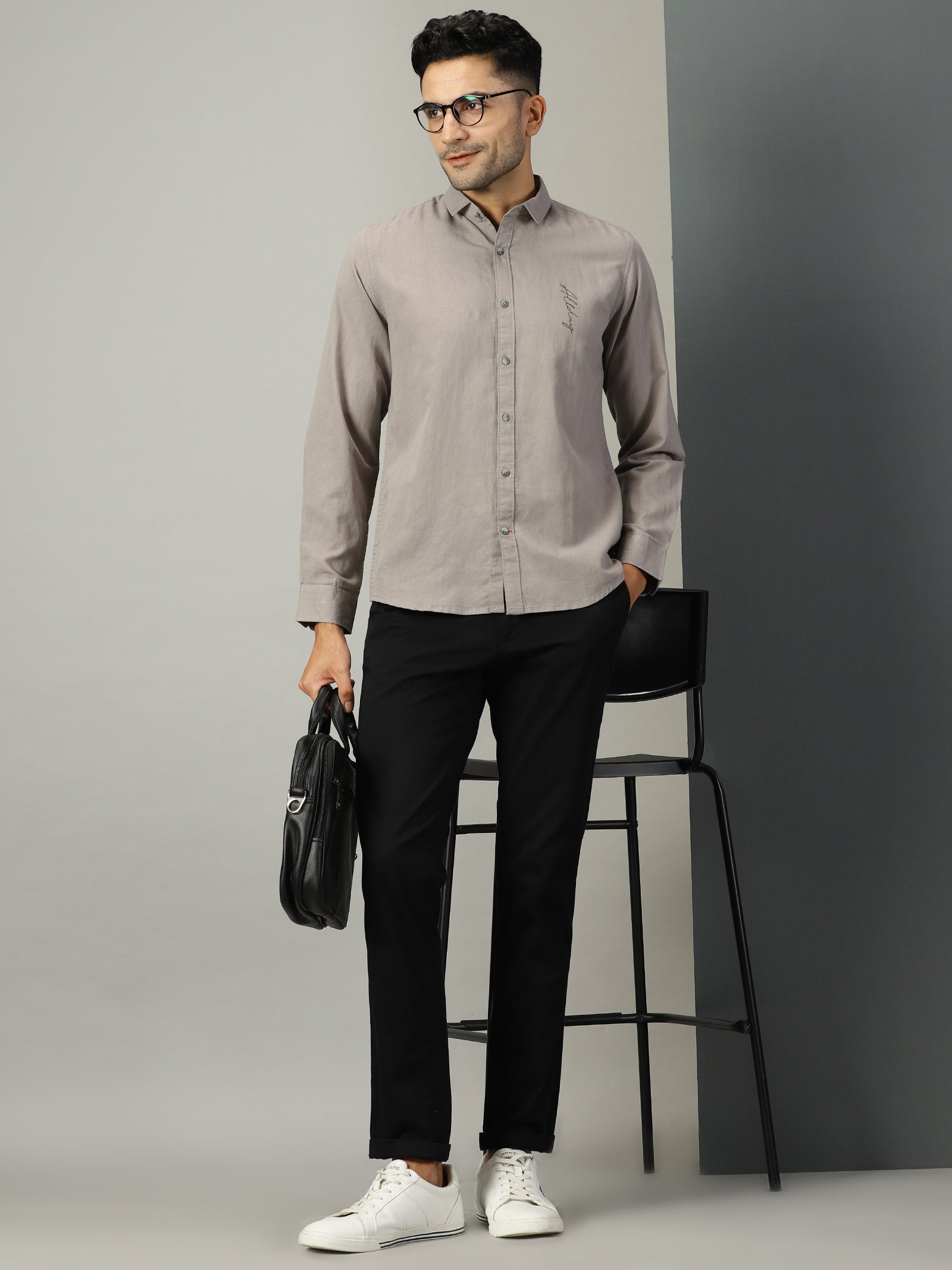Thomas Scott Men Grey Regular Fit Long Sleeves Spread Collar Solid Cotton Linen Casual Shirt