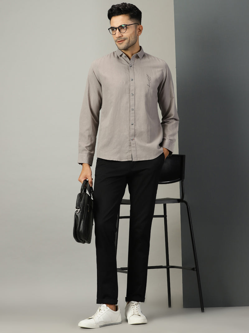 Thomas Scott Men Grey Regular Fit Long Sleeves Spread Collar Solid Cotton Linen Casual Shirt