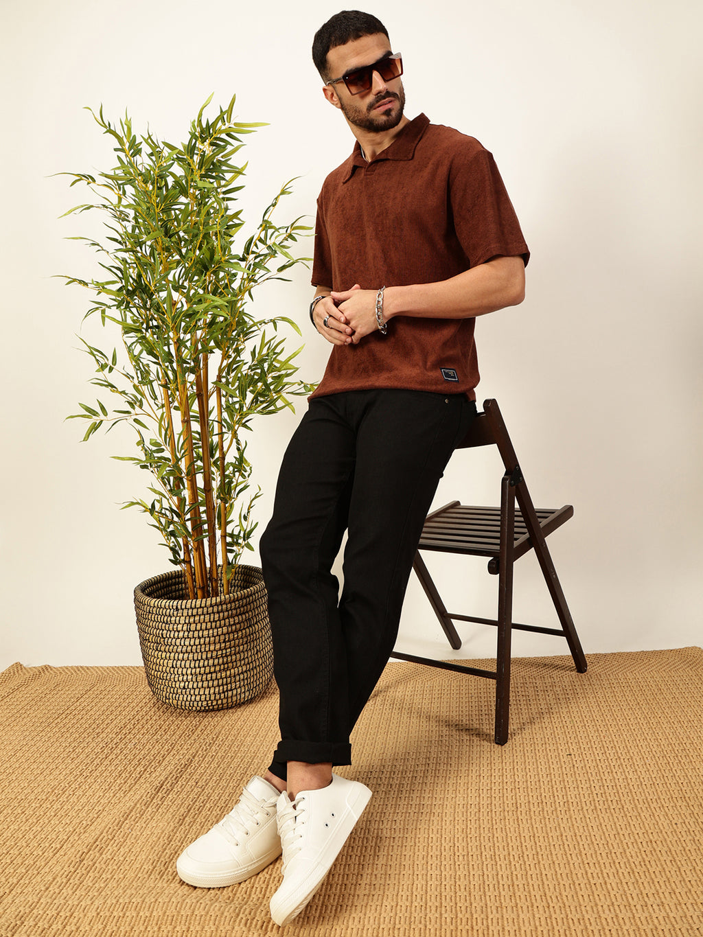 Thomas Scott Men Coffee Brown Towel Terry Short Sleeves Relaxed Fit Textured Polo Collar Knitted T-shirt