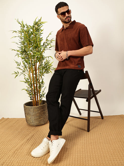 Thomas Scott Men Coffee Brown Towel Terry Short Sleeves Relaxed Fit Textured Polo Collar Knitted T-shirt