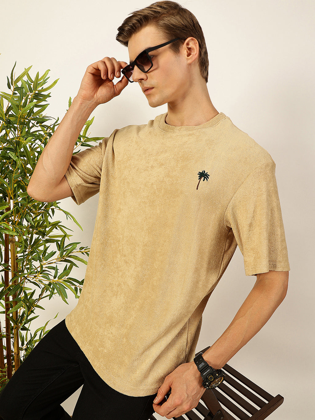 Thomas Scott Men Cream Oversized Short Sleeves Round Neck Solid Knitted T-shirt