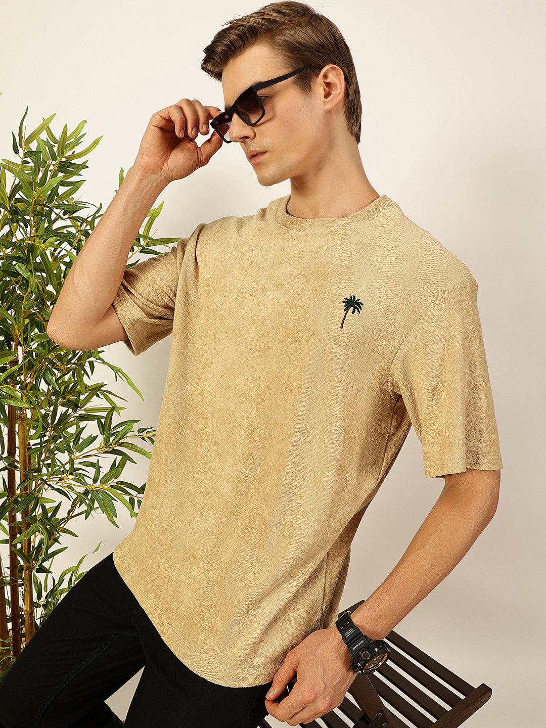 Thomas Scott Men Cream Oversized Short Sleeves Round Neck Solid Knitted T-shirt