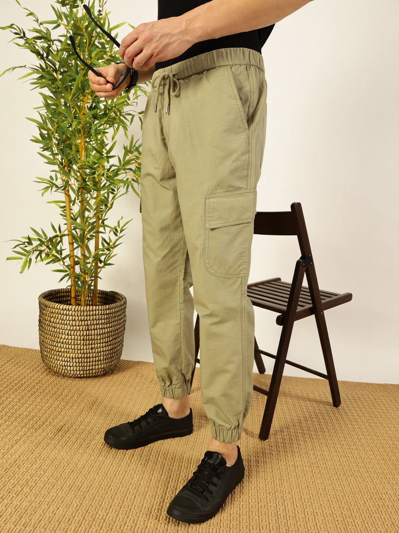 Thomas Scott Men Olive Slim Fit Mid-Rise Solid 6 Pockets Woven Cargo Joggers