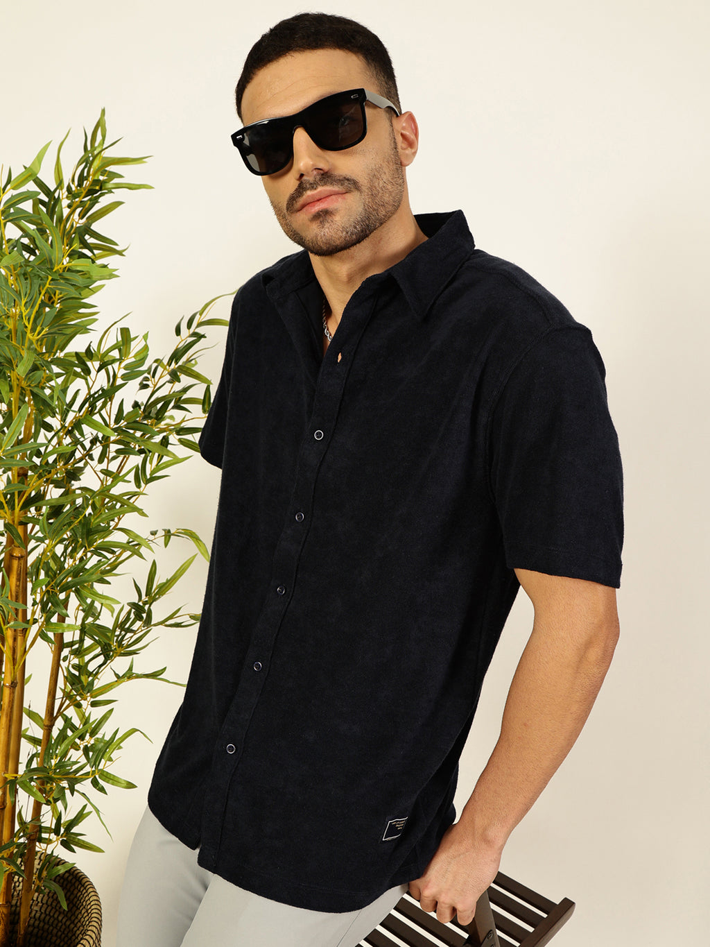 Thomas Scott Men Navy Blue Relaxed Fit Terry Towel Short Sleeves Relaxed Fit Spread Collar Knitted Shirt