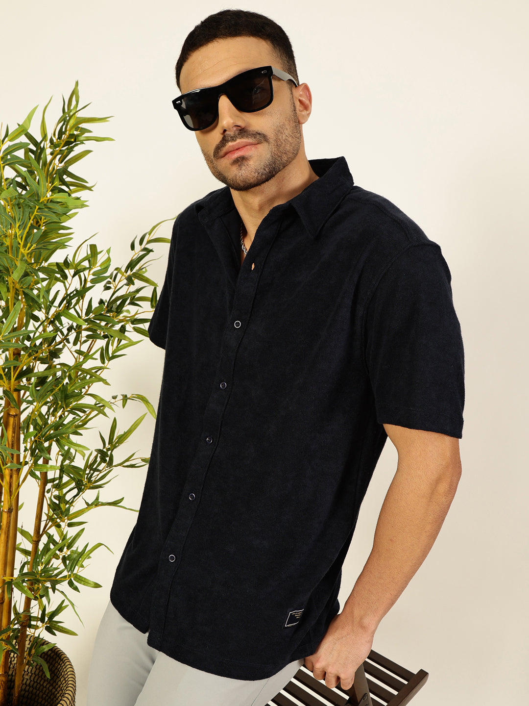 Thomas Scott Men Navy Blue Relaxed Fit Terry Towel Short Sleeves Relaxed Fit Spread Collar Knitted Shirt