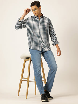 Thomas Scott Men Grey Slim Fit Long Sleeves Gingham Checks Spread Collar 100% Cotton Oxford Casual Shirt