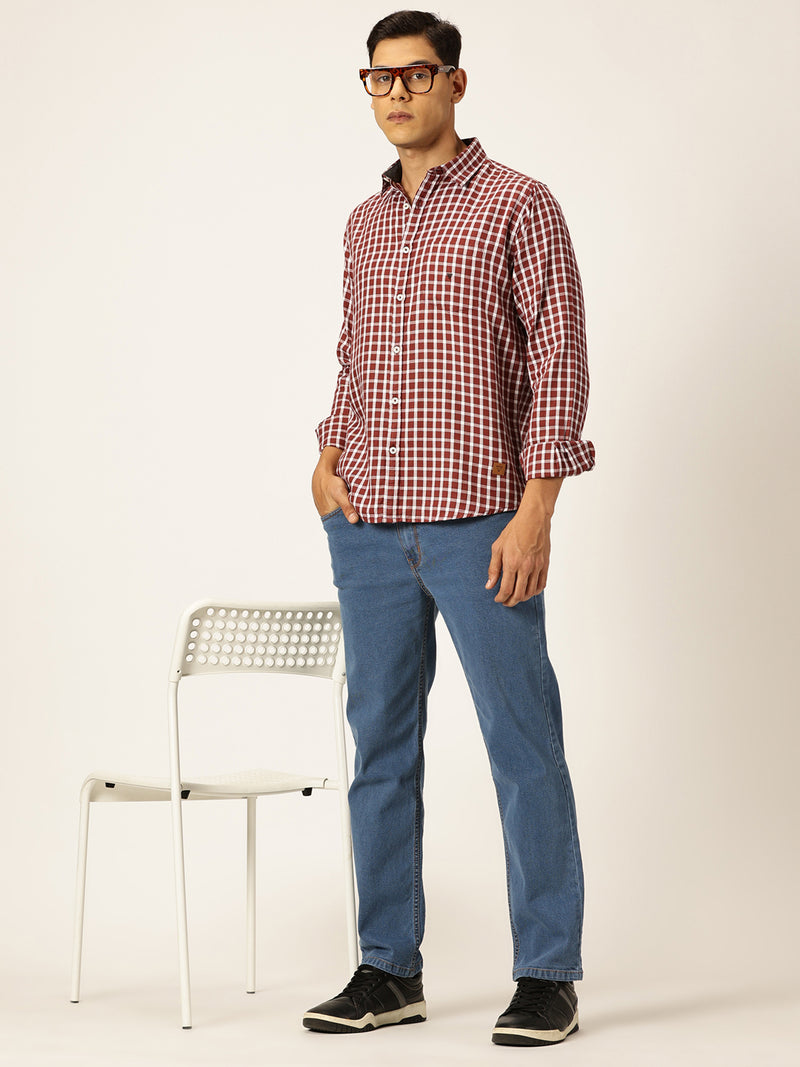 Thomas Scott Men Red Slim Fit Long Sleeves Spread Collar Gingham Checked 100% Cotton Oxford Casual Shirt
