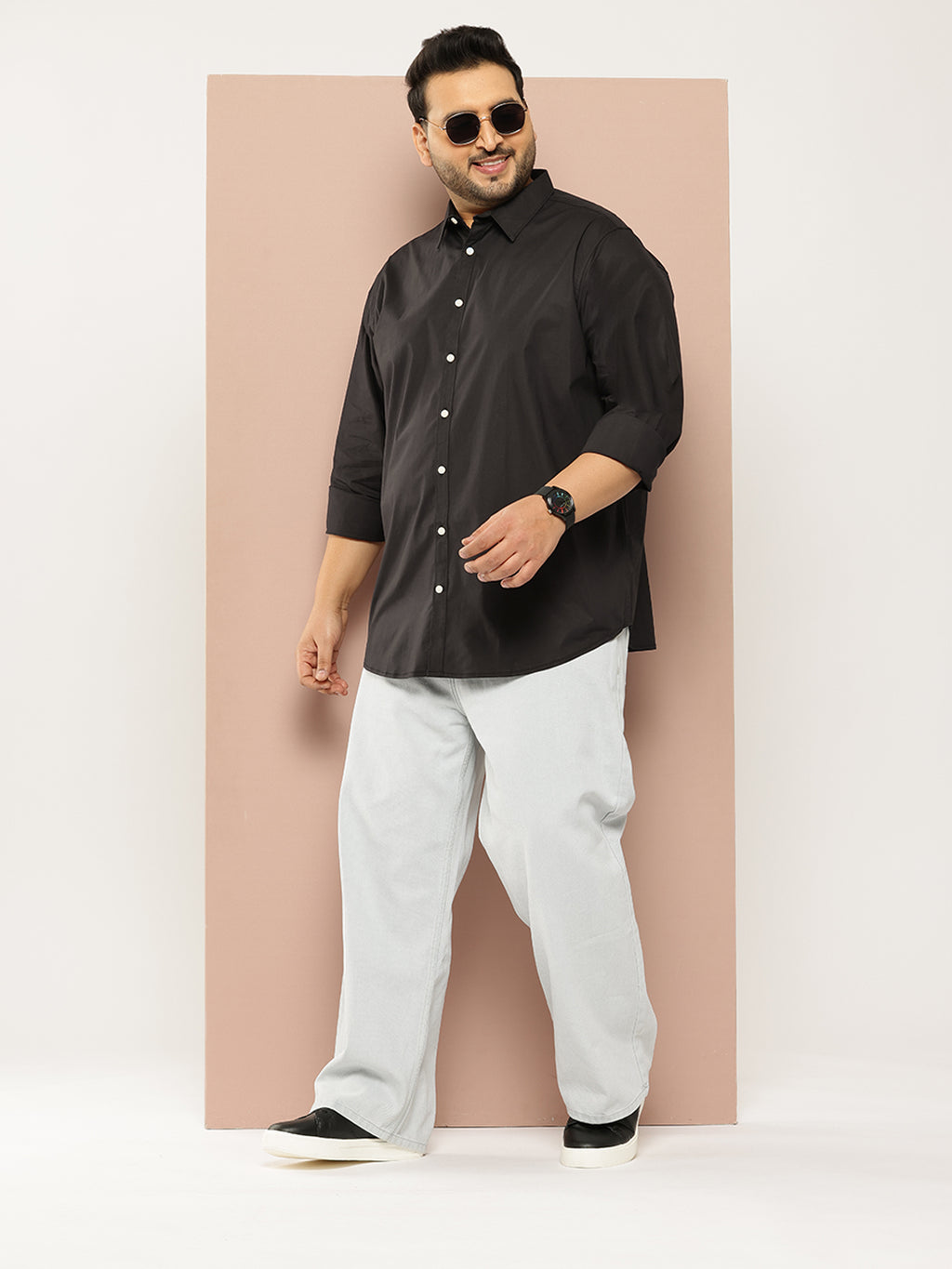 Thomas Scott Men Black Plus Size Regular Fit Long Sleeves Spread Collar Solid Casual Shirt