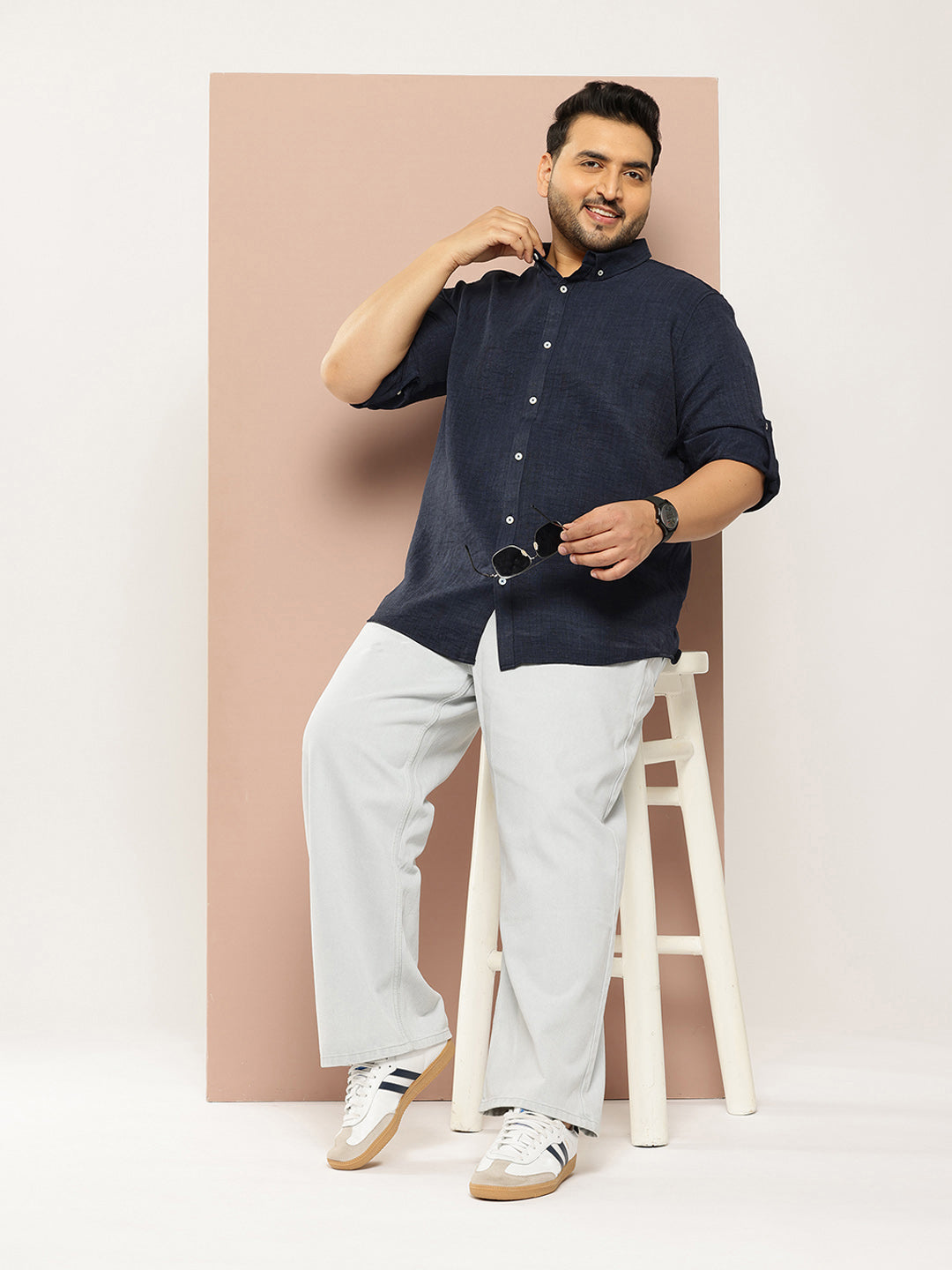 Thomas Scott Men Navy Plus Size Regular Fit Long Roll-Up Sleeves Button-Down Collar Solid Casual Shirt