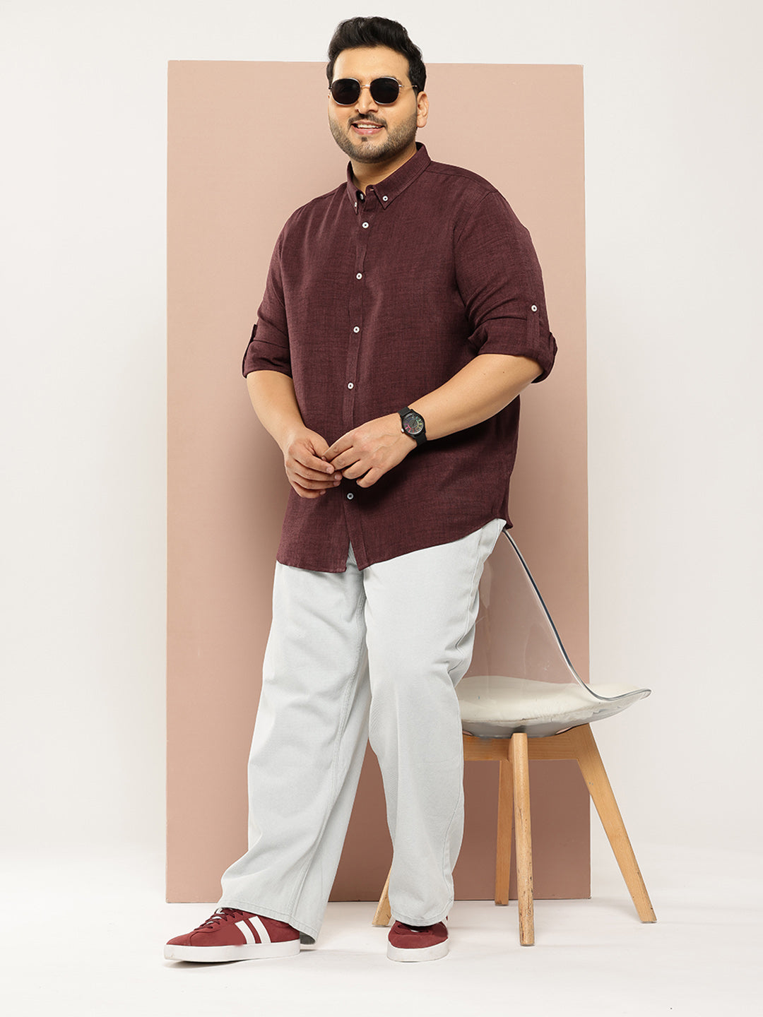 Thomas Scott Men Wine Plus Size Regular Fit Long Roll-Up Sleeves Button-Down Collar Solid Casual Shirt