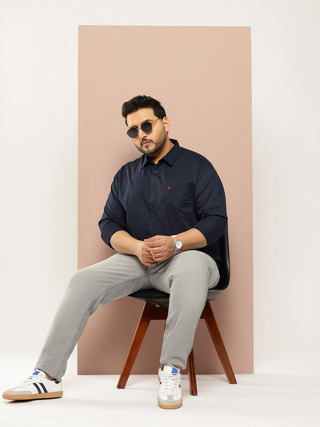 Thomas Scott Men Navy Plus Size Regular Fit Long Sleeves Spread Collar Solid 100% Cotton Casual Shirt