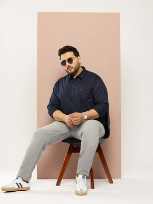 Navy Plus Size Regular Fit Long Sleeves Spread Collar Solid 100% Cotton Casual Shirt For Men