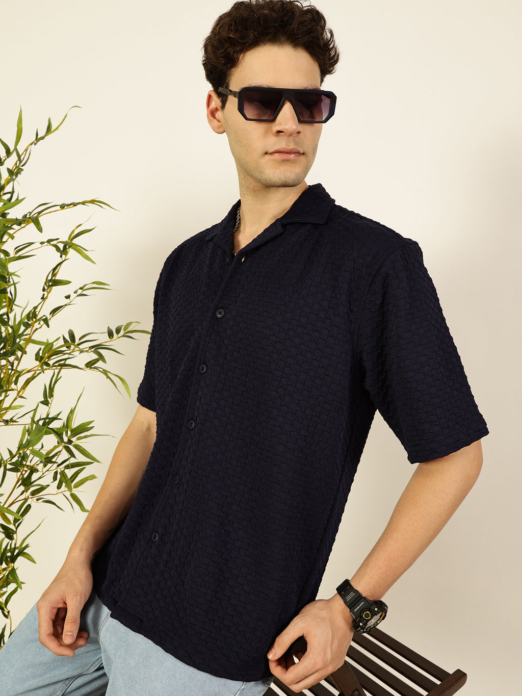 Thomas Scott Men Navy Relaxed Fit Short Sleeves Cuban Collar Textured Cotton Casual Shirt
