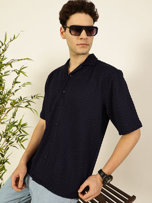 Thomas Scott Men Navy Relaxed Fit Short Sleeves Cuban Collar Textured Cotton Casual Shirt