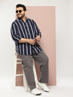 Navy Plus Size Regular Fit Long Sleeves Spread Collar Verticle Stripes 100% Cotton Casual Shirt For Men