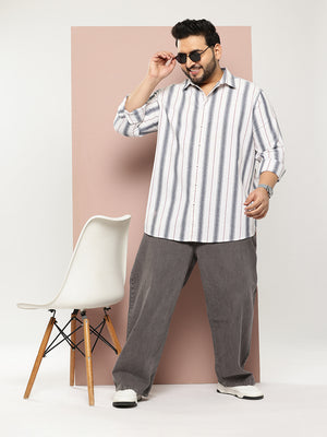 Thomas Scott Men White Plus Size Regular Fit Long Sleeves Spread Collar Multi Striped 100% Cotton Casual Shirt