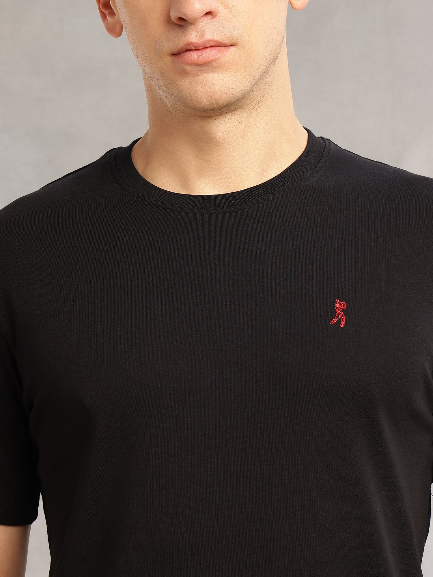 Thomas Scott Men Black Cricket Club Collection Regular Fit Short Sleeves Round Neck Solid 100% Cotton Knitted Tshirt