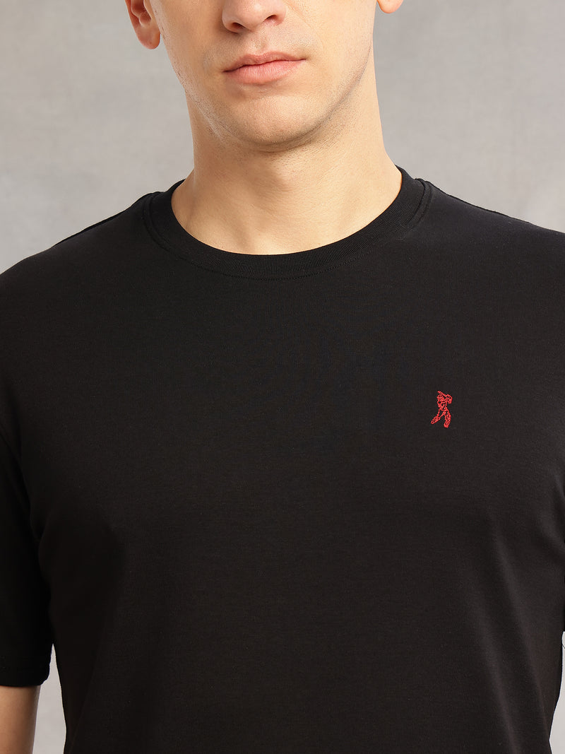 Thomas Scott Men Black Cricket Club Collection Regular Fit Short Sleeves Round Neck Solid 100% Cotton Knitted Tshirt