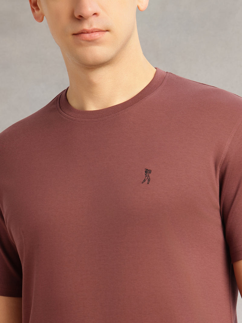 Thomas Scott Men Burgundy Cricket Club Collection Regular Fit Short Sleeves Round Neck Solid 100% Cotton Knitted Tshirt
