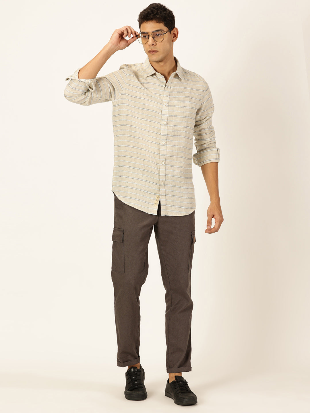 Thomas Scott Men Beige Long Sleeves Slim Fit Spread Collar Horizontal Stripes Linen Casual Shirt