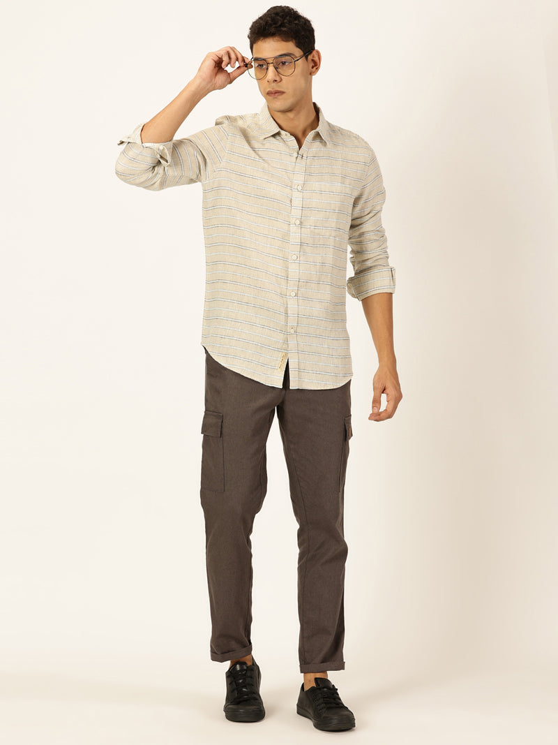 Thomas Scott Men Beige Long Sleeves Slim Fit Spread Collar Horizontal Stripes Linen Casual Shirt
