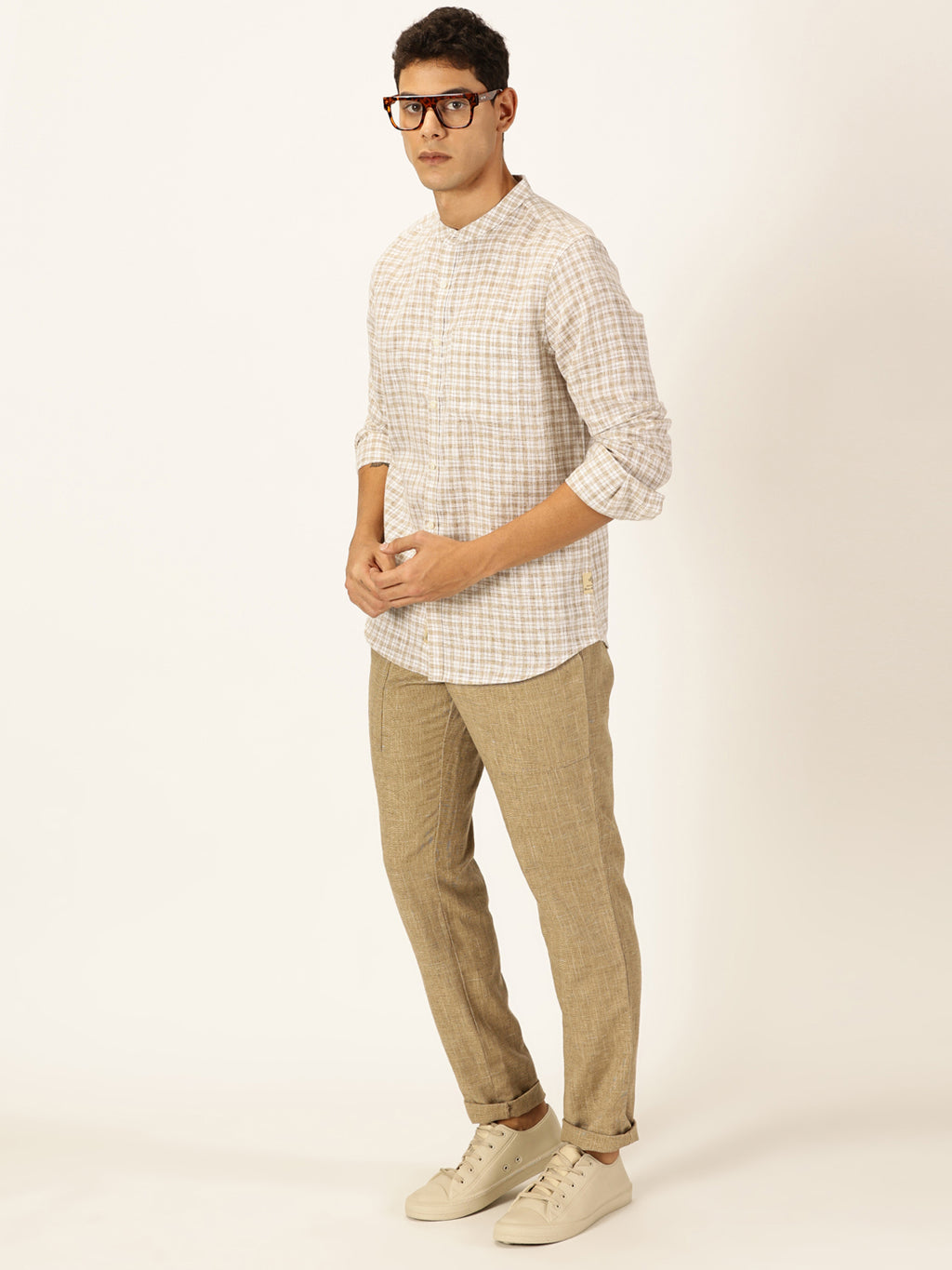 Thomas Scott Men Beige Long Sleeves Slim Fit Mandarin Collar Grid Tattersall Checks Linen Casual Shirt