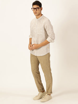 Thomas Scott Men Beige Long Sleeves Slim Fit Mandarin Collar Grid Tattersall Checks Linen Casual Shirt