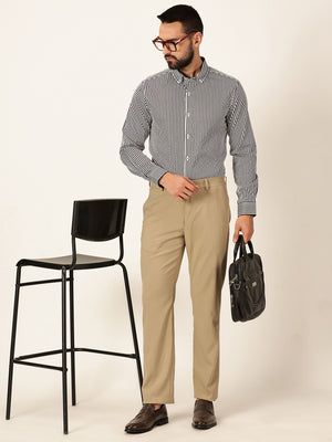 Thomas Scott Men Black Long Sleeves Regular Fit Button-Down Collar Vertical Stripes 100% Cotton Formal Shirt