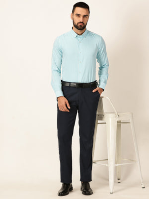 Thomas Scott Men Aqua Regular Fit Long Sleeves Button-Down Collar Pinstripes Cotton Formal Shirt