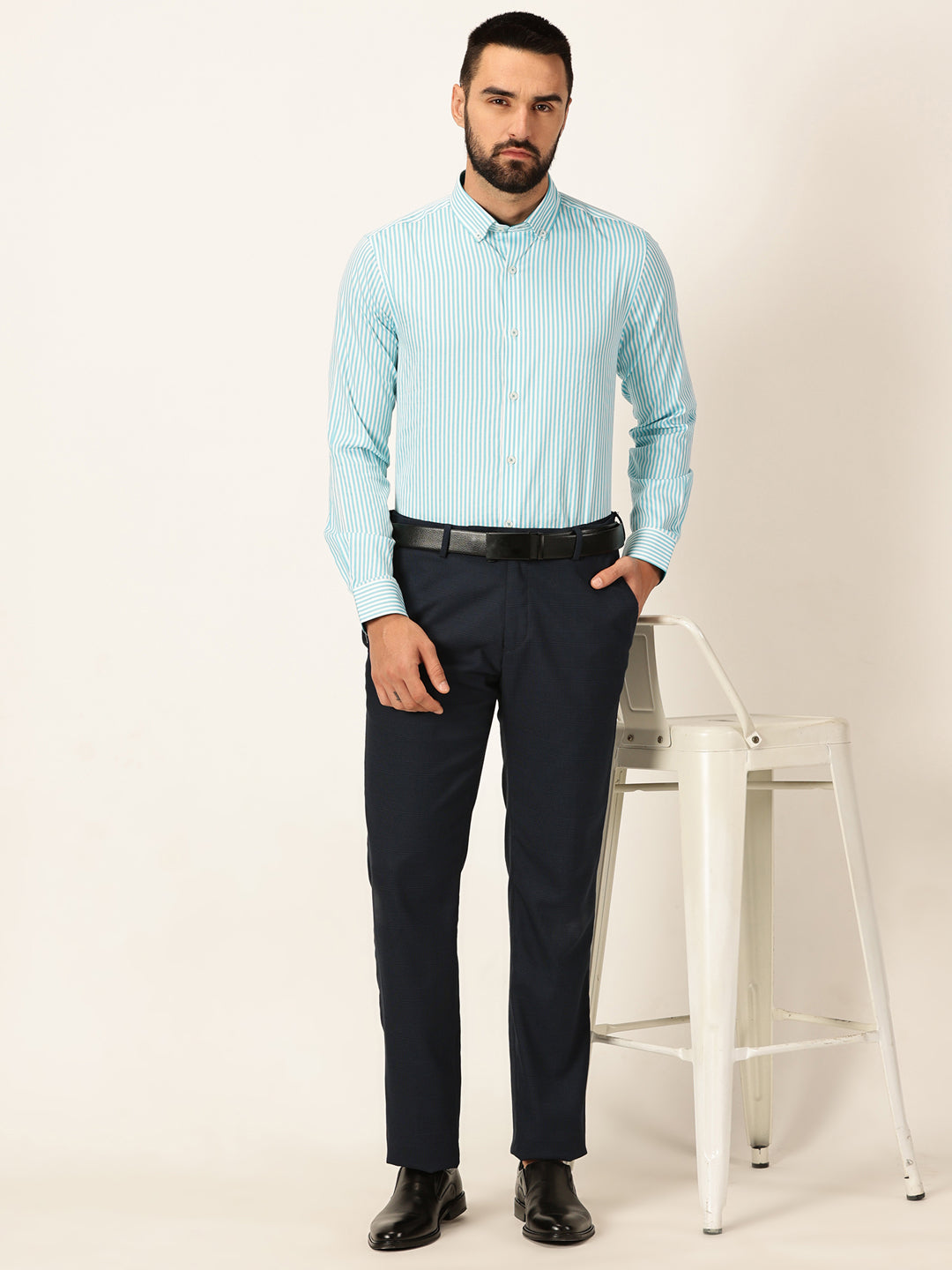 Thomas Scott Men Aqua Regular Fit Long Sleeves Button-Down Collar Pinstripes Cotton Formal Shirt