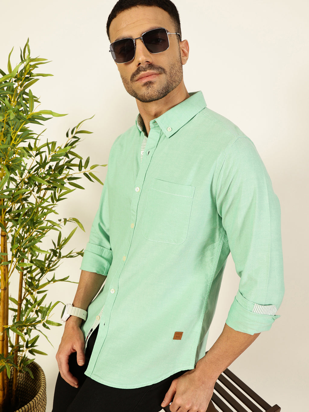 Thomas Scott Men Olive Long Sleeves Slim Fit Button-Down Collar 100% Cotton Casual Shirt
