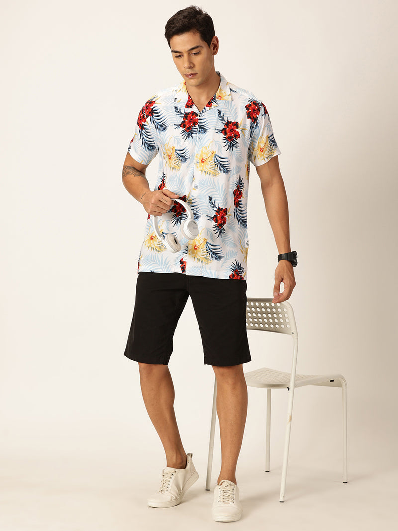 Thomas Scott Men Navy Blue Short Sleeves Slim Fit Spread Collar Floral Printed Viscose Rayon Casual Shirt