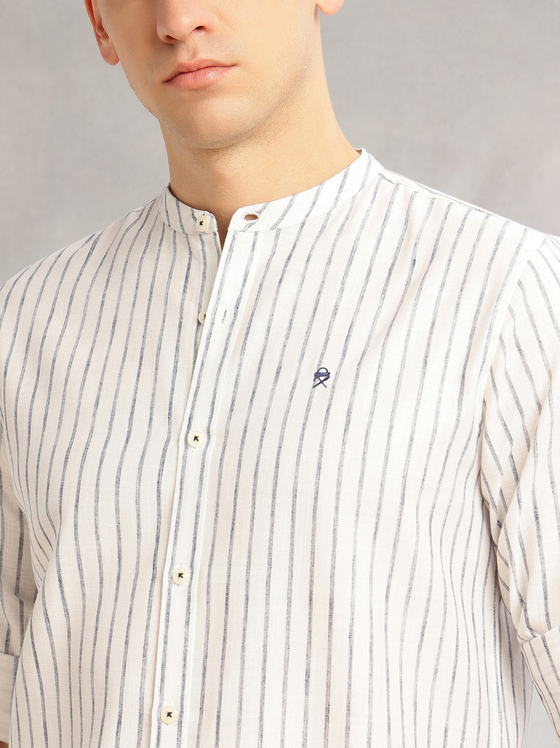 Thomas Scott Men Navy Slim Fit Three-Quarter Roll-Up Sleeves Mandarin Collar Vertical Stripes Cotton Linen Casual Shirt