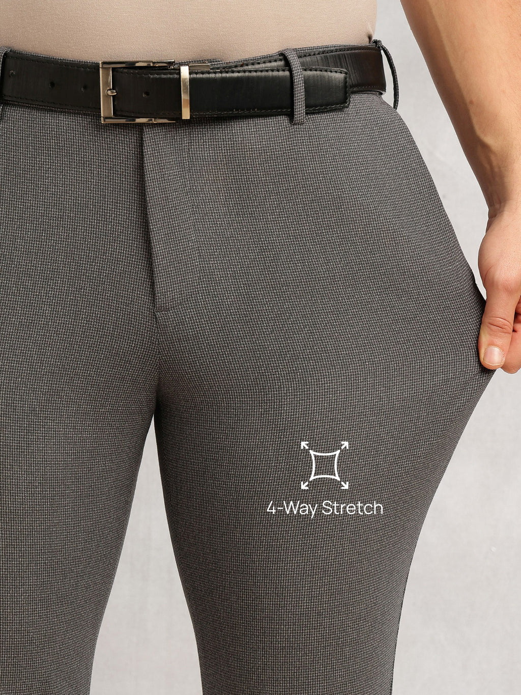 Thomas Scott Men Grey Slim Fit Mid-Rise Flexi-Waist 4-Way Stretch Solid Formal Performance Trouser