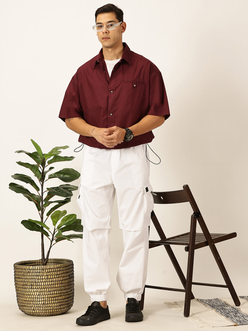 Thomas Scott Men Wine Oversized Short Sleeves Spread Collar Solid 100% Cotton Casual Shirt