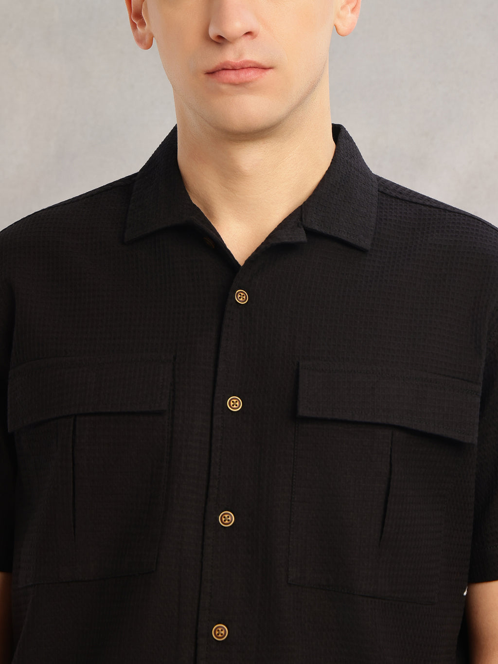 Thomas Scott Men Black Cricket Club Collection Regular Fit Short Sleeves Self Design 100% Cotton Co-Ord Set with Shirt Collar