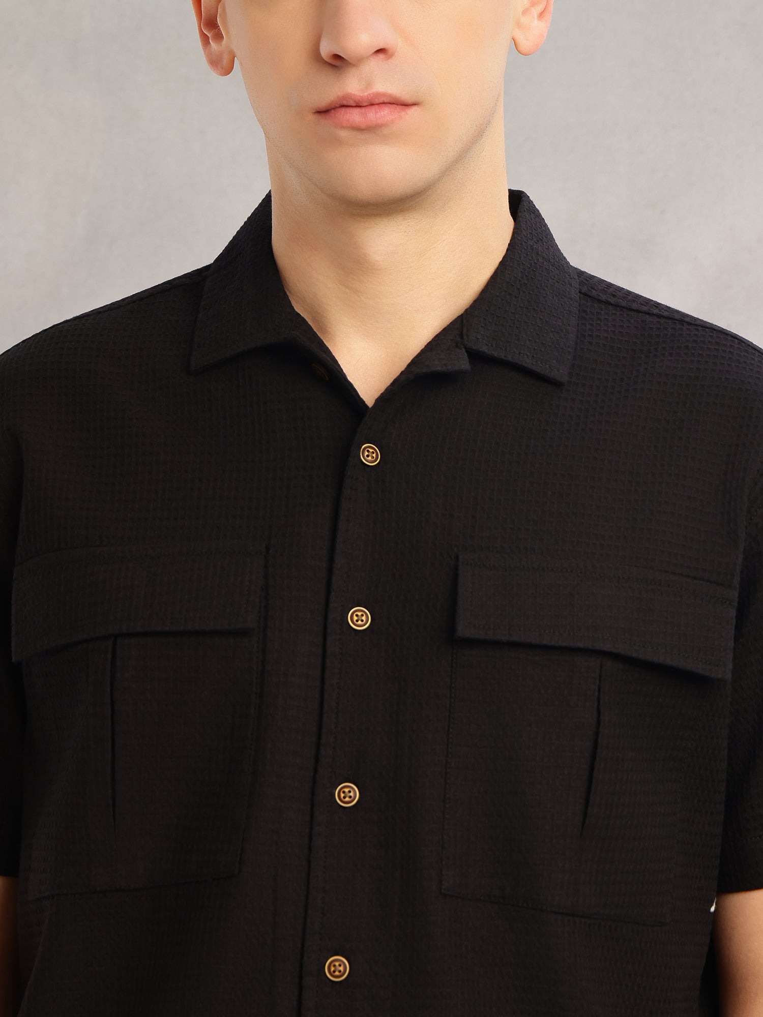 Thomas Scott Men Black Cricket Club Collection Regular Fit Short Sleeves Self Design 100% Cotton Co-Ord Set with Shirt Collar
