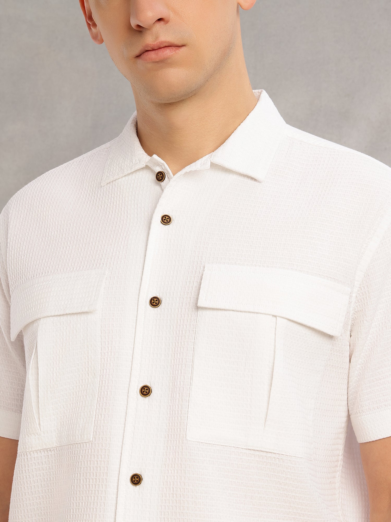 Thomas Scott Men White Cricket Club Collection Regular Fit Short Sleeves Self Design 100% Cotton Co-Ord Set with Shirt Collar