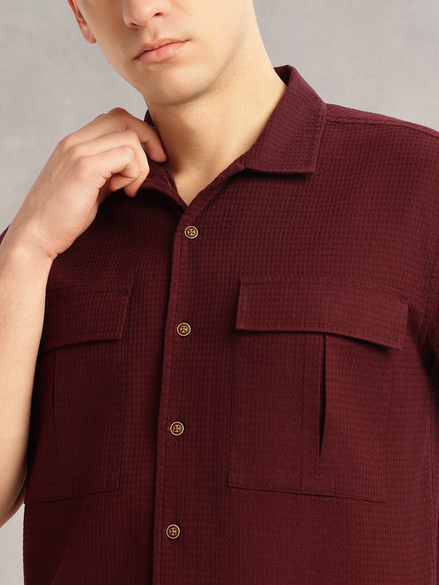 Thomas Scott Men Wine Cricket Club Collection Regular Fit Short Sleeves Self Design 100% Cotton Co-Ord Set with Shirt Collar