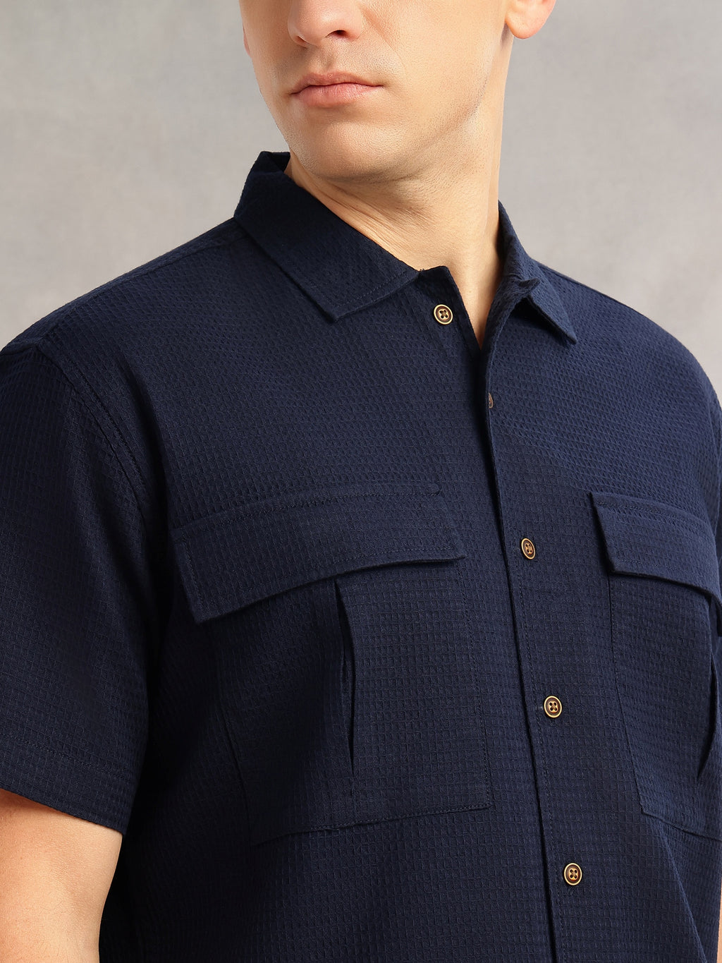 Thomas Scott Men Navy Cricket Club Collection Regular Fit Short Sleeves Self Design 100% Cotton Co-Ord Set with Shirt Collar