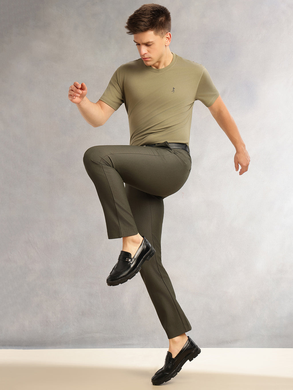 Thomas Scott Men Olive Slim Fit Mid-Rise Solid Woven Formal Trousers with Fixed Belt & 4-Way Stretch