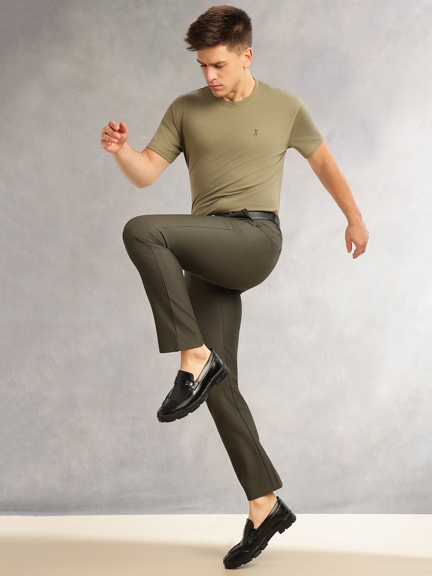 Thomas Scott Men Olive Slim Fit Mid-Rise Solid Woven Formal Trousers with Fixed Belt & 4-Way Stretch