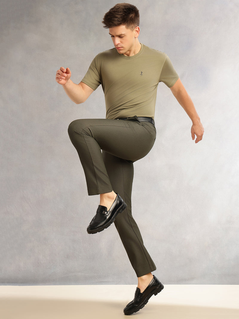 Thomas Scott Men Olive Slim Fit Mid-Rise Solid Woven Formal Trousers with Fixed Belt & 4-Way Stretch