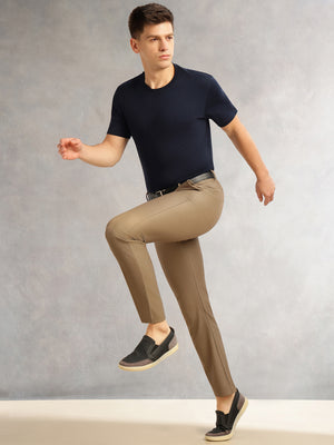 Thomas Scott Men Brown Slim Fit Mid-Rise Solid Woven Formal Trousers with Fixed Belt & 4-Way Stretch