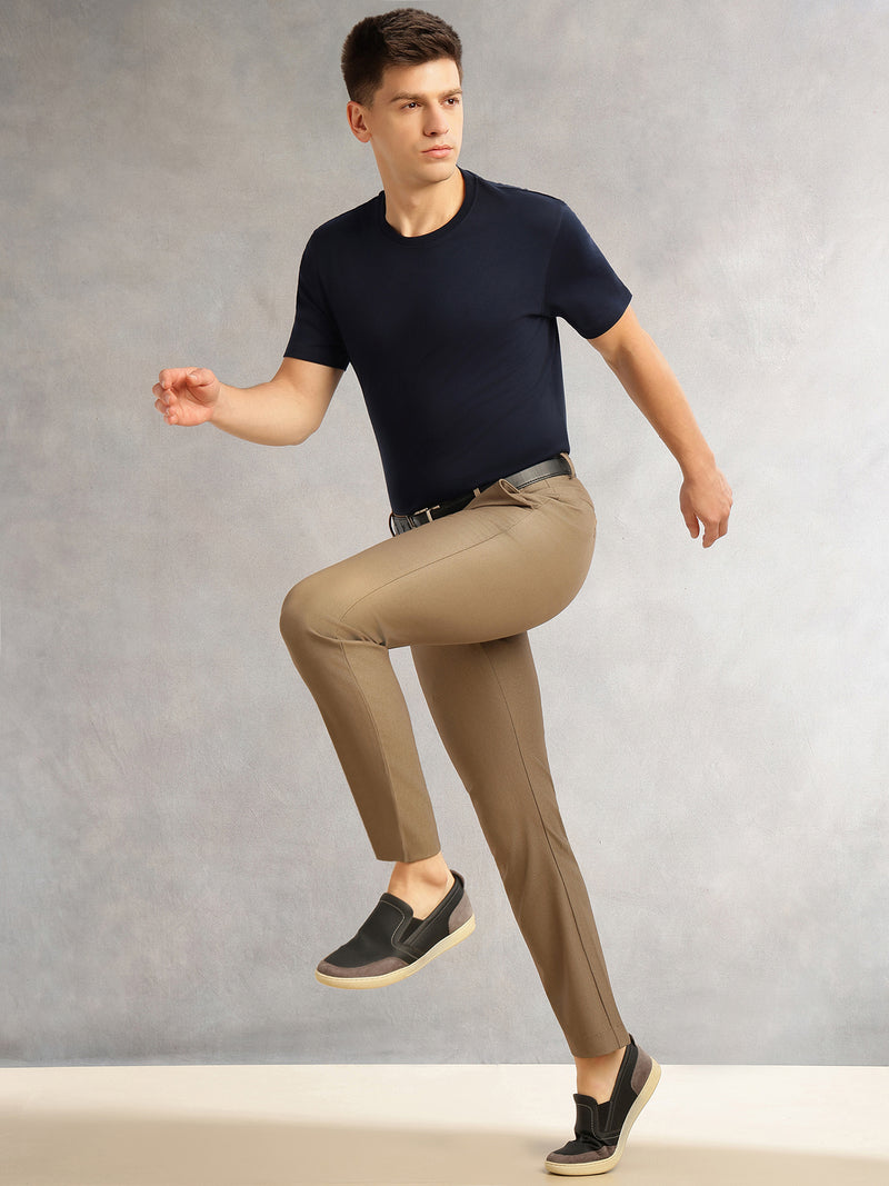 Thomas Scott Men Brown Slim Fit Mid-Rise Solid Woven Formal Trousers with Fixed Belt & 4-Way Stretch