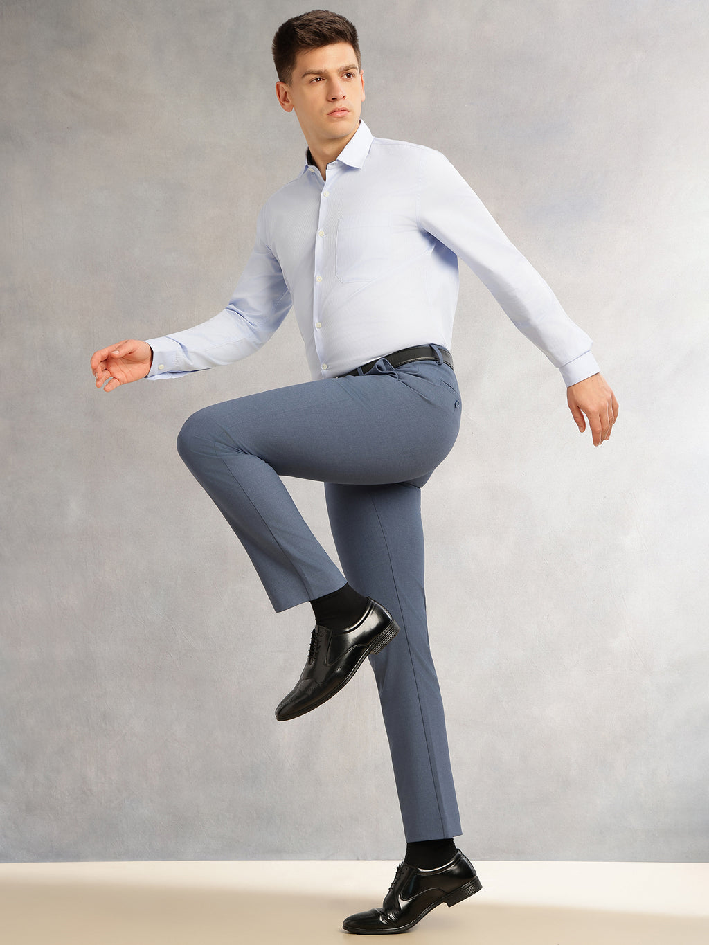 Thomas Scott Men Blue Slim Fit Mid-Rise Solid Woven Formal Trousers with Fixed Belt & 4-Way Stretch