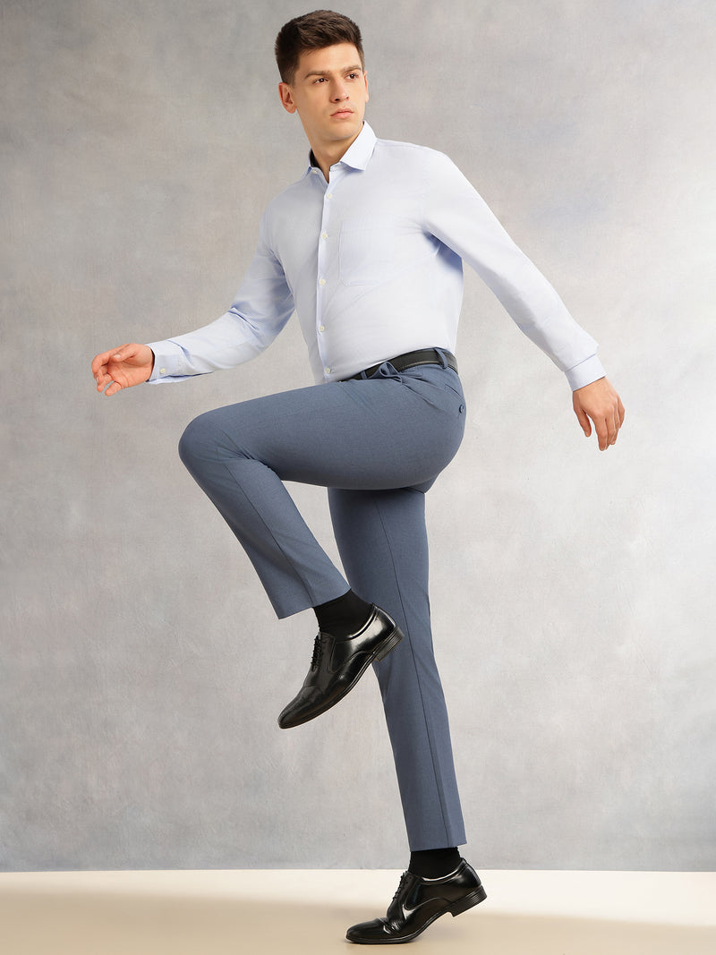 Thomas Scott Men Blue Slim Fit Mid-Rise Solid Woven Formal Trousers with Fixed Belt & 4-Way Stretch