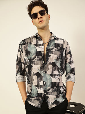 Thomas Scott Men Green Slim Fit Long Sleeves Spread Collar Abstract Printed 100% Cotton Casual Shirt