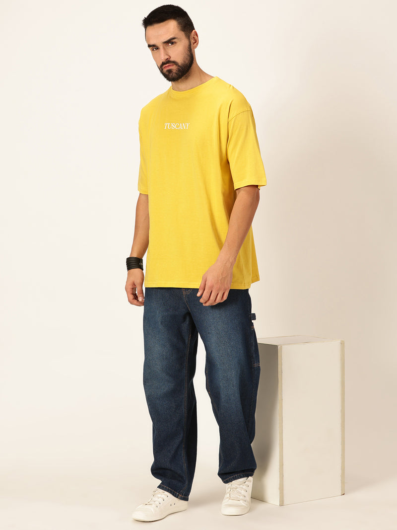 Thomas Scott Men Yellow Oversized Short Sleeves Round Neck Graphic Printed 100% Cotton Knitted T-shirt